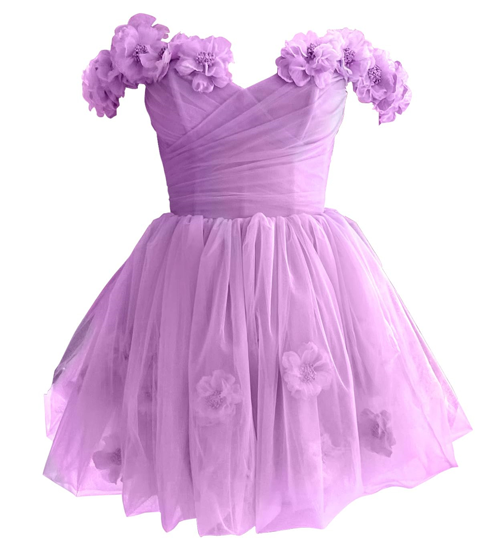 Off The Shoulder Tulle Short Homecoming Dresses Flowers A Line Cocktail Formal Occasion Cocktail Prom Party Graudation Gowns HD1028