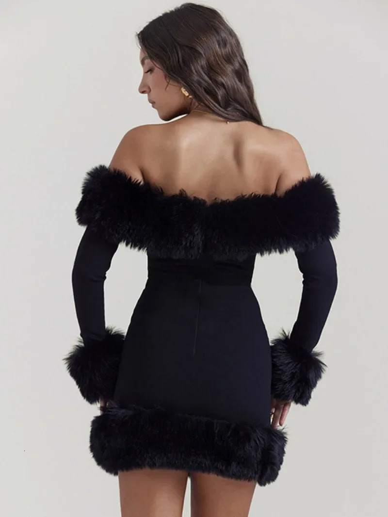 Off The Shoulder Bodycon - Sleek Black Short Dress with Faux Fur Detail, Long Sleeves, Ideal for Evening Parties C260312
