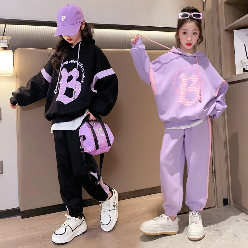 Clothing Sets Autumn Teenage Girl Clothes Set Children's Girls Hoodies Pullover Top and Side Stripe Pant 2 Pieces Suit Kid Letter Tracksuit 23121