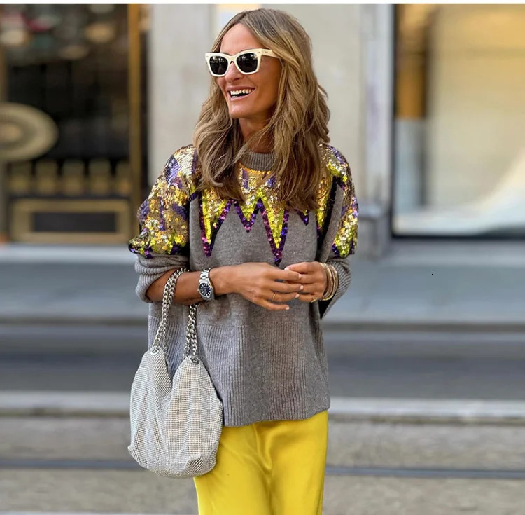 Colorful Sequins Long Sleeve Knitted Sweater Women O neck Loose Casual Pullover Jumper Fashion Female Street Club Party Knitwear 231220