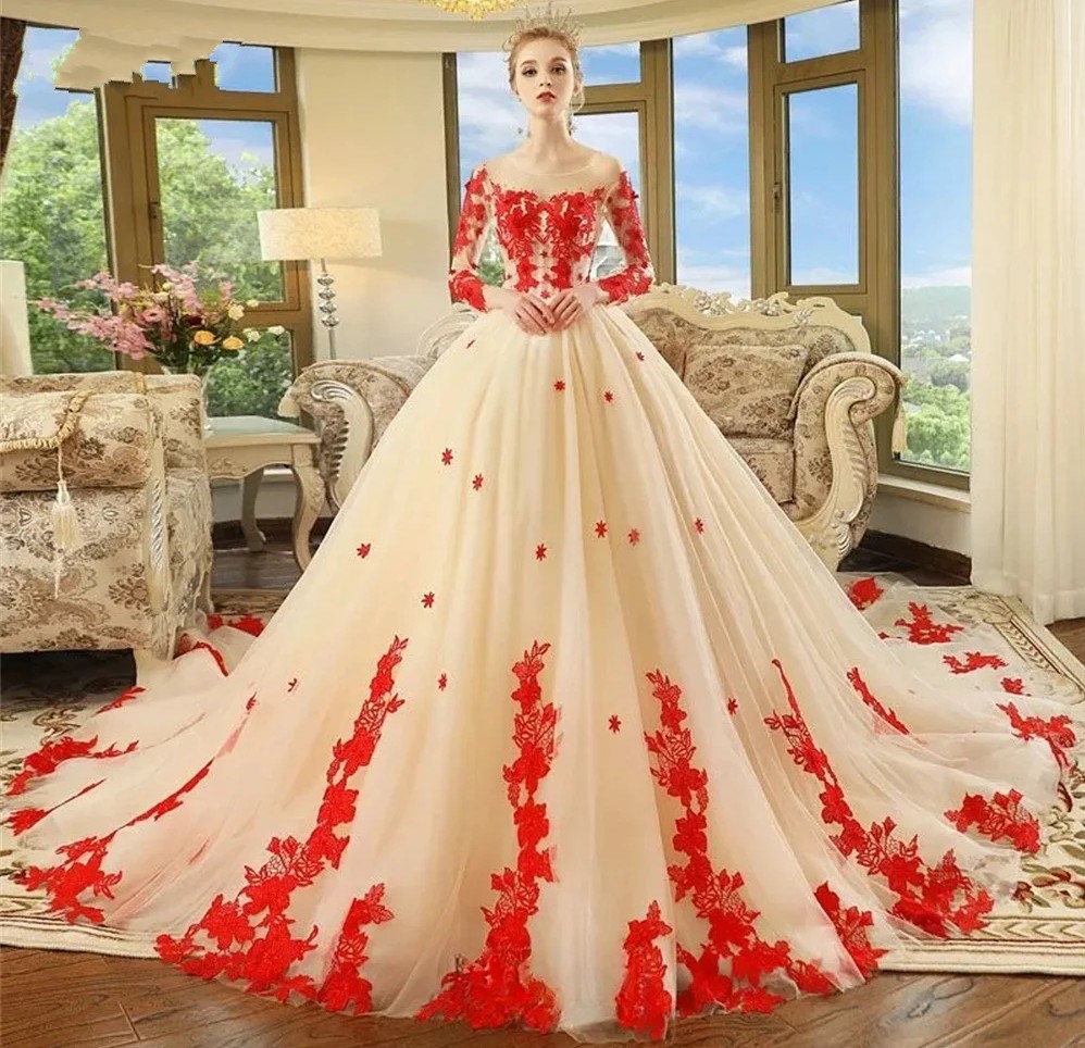Champagne A-Line Wedding Dress Women 2024 Scoop Red Lace Appliuqes 3/4 Sleeve Tulle Bridal Bride Gown Vestido De Novia Customed