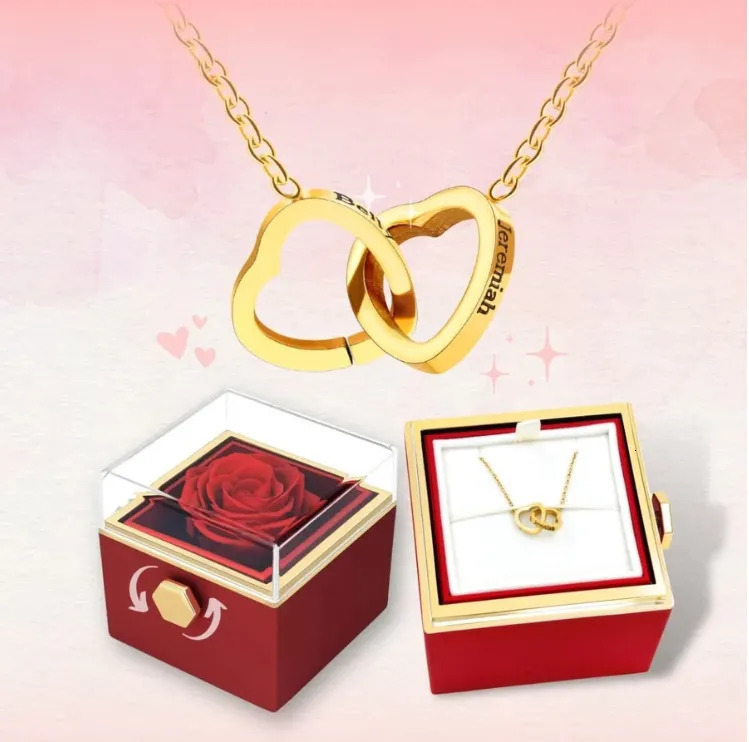 Jewelry Boxes Custom Double Heart engraved Name Steel Necklace Eternal Rose box for Women Valentine's Day Gift 231219