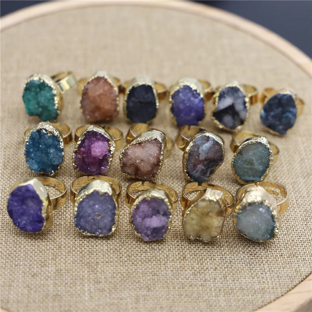 Band Rings Mixed Color Crystal Cluster Natural Stone Gold Face Druzys Men Rings Secret for Women Girls Wedding Party Fashion Jewelry 10PCS 231219