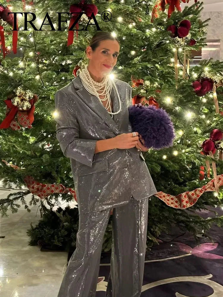 TRAFZA Female Set Turn Down Collar Long Sleeve Sequins Decorate Single Breasted Blazer High Waist Trousers Woman Winter Suits 231220