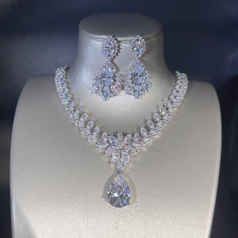 Water Drop Lab Diamond Jewelry set 14K White Gold Engagement Wedding Earrings Necklace For Women Bridal Promise Gift