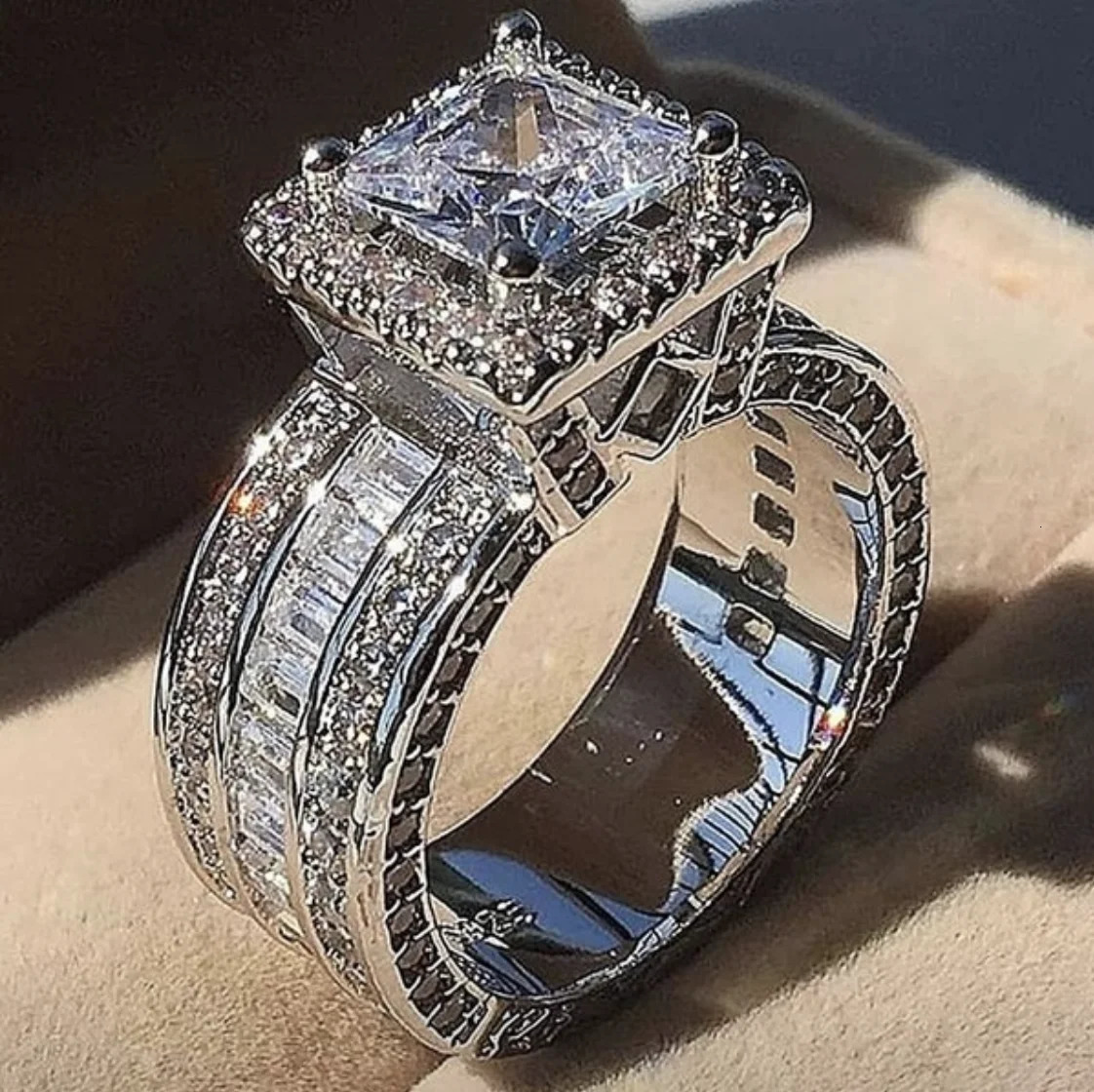 Wedding Rings Fashion 925 silver Womens 0.4" Wide Square Cluster Engagement 4ct Diamond Architecture Rings Simulated Platinum Bridal Jewelry 2312