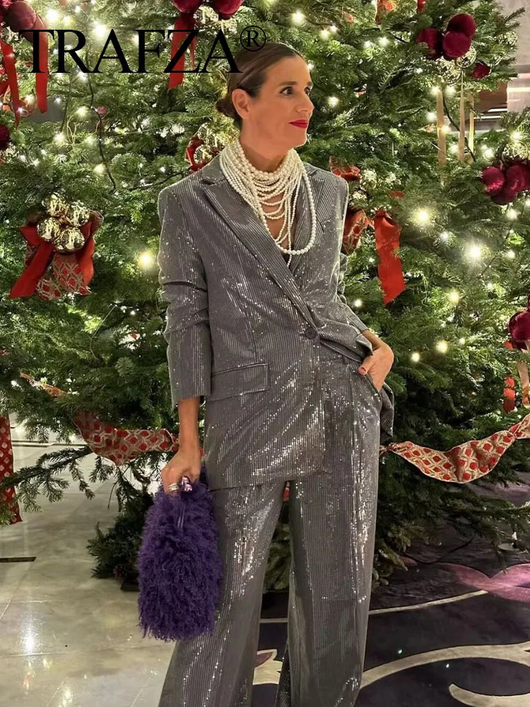 TRAFZA Female Set Turn Down Collar Long Sleeve Sequins Decorate Single Breasted Blazer High Waist Trousers Woman Winter Suits 231220