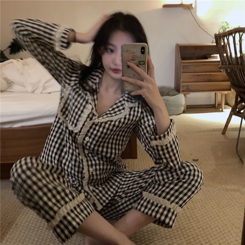 Women's Sleepwear Sweet Preppy Women's Pajama Set Long Sleeves and Trousers The Style Can Be Worn Outside Girl's Simple Homewear 231219