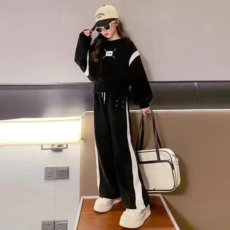 Clothing Sets Autumn Girls Casual Sweatshirt Set College Style Junior Kids Long Sleeve Top Wide Leg Pants Spring Sportswear 3-15Y Homewear 231219