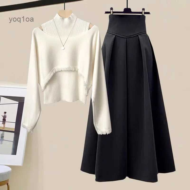 Two Piece Dress 2023 Autumn Winter Skirt Sets For Women Outfits Korean Casual Knitwears Pullover Sweater And High Waist Skirts Two Piece SetsL231026