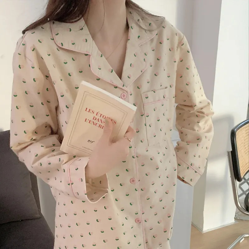 Women's Sleepwear Cotton Sleepwear Korean Pajamas Women Autumn Cute Heart Print Pyjamas Long Sleeve Pijama Female Set Negligee Cardigan Suit 2312