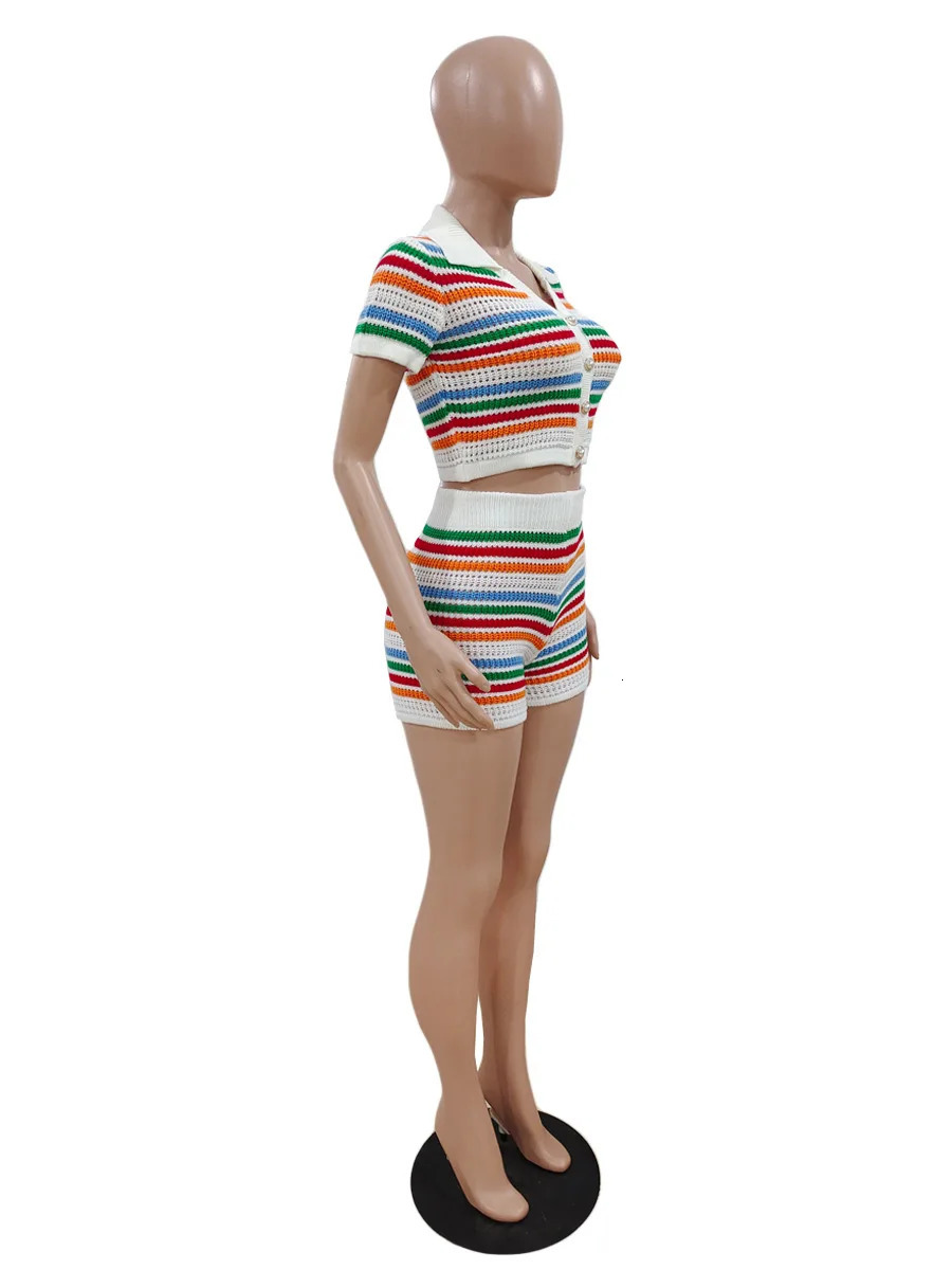 Women's Two Piece Pants Rainbow Stripe Knit Ribbed Women's Set Short Sleeve Button Shirt and Shorts Summer Two 2 Piece Set Outfit Tracksuit 