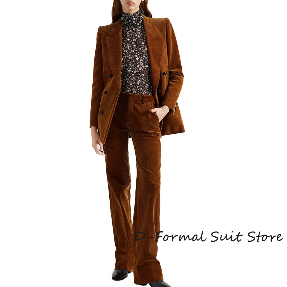 Women's 2 Piece Suit Female Double Breasted Corduroy Pant Sets Fashion Slim Fit Blazer Set 240105