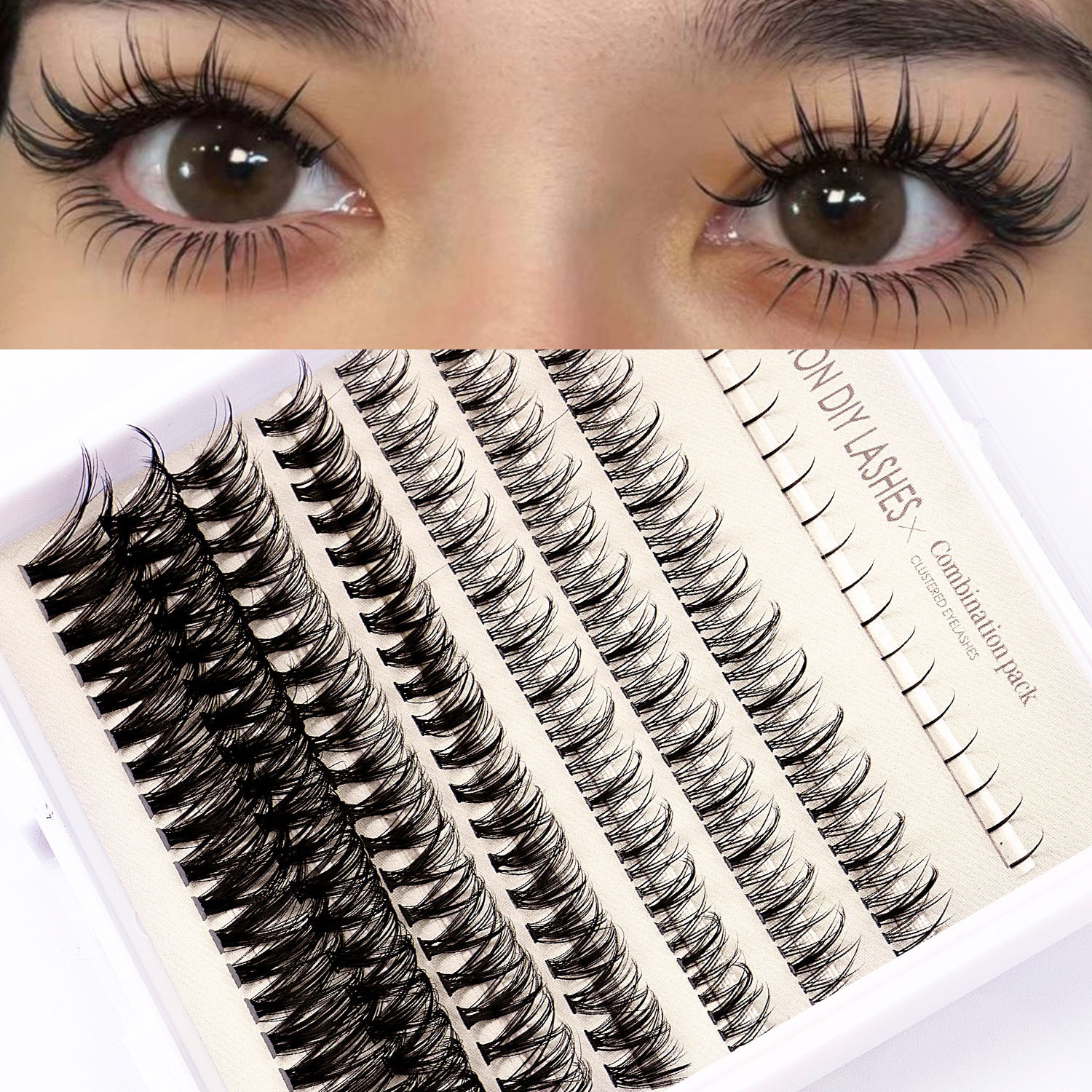 Natural Dense 220 Clusters Mixed Individual Eyelashes Soft Light Hand Made Reusable Segmented Eyelashes Extensions with Lash Bond & Seal Grafted Lashes