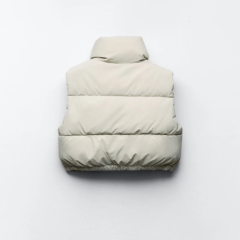 2024 Winter Autumn Cropped Vest with High Collar Front Hidden In seam Pockets Elastic Hem Zip and Snap Button Closure 231020