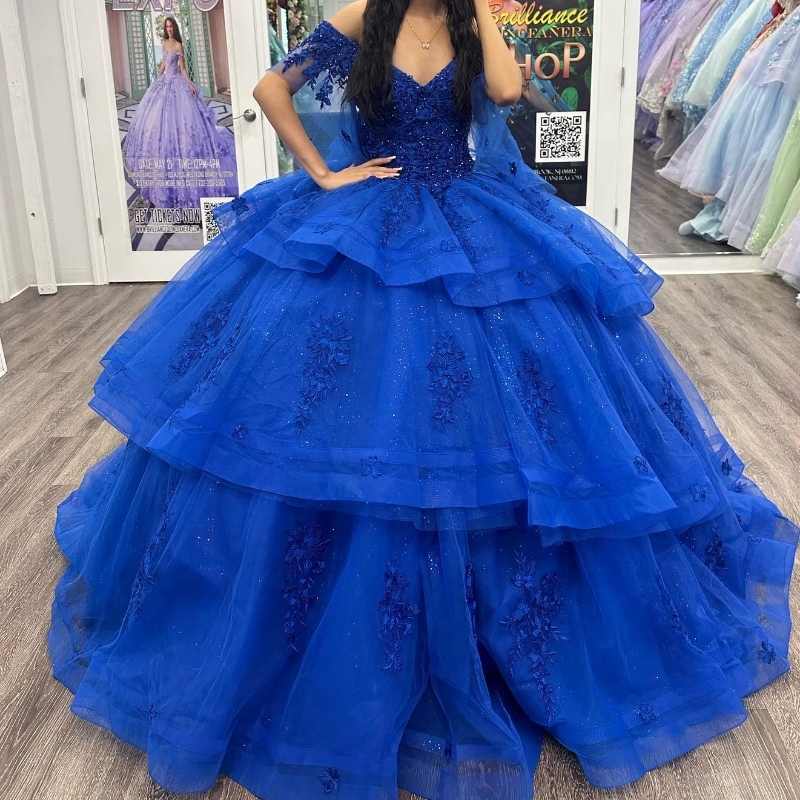 Blue Shiny V-Neck Dresses Off the Shoulder Sweet 16 Gowns Applique Lace Bead Tull Vestidos 15 De Quinceanera