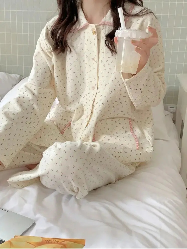 Women's Sleepwear 2024 Japanese Style Sweet Floral Pajama Set Women's Spring Ins Style Premium Casual Loungewear Two-Piece Set 231219