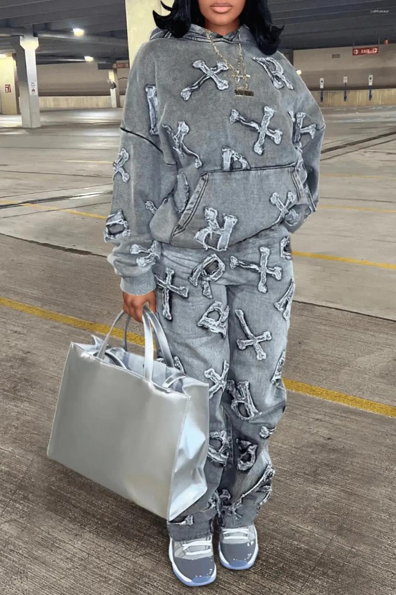 Ladies Two Piece Sets: Women's Long Sleeve Sweater & Pants Suit - Casual Autumn Print Pocket Design C260312