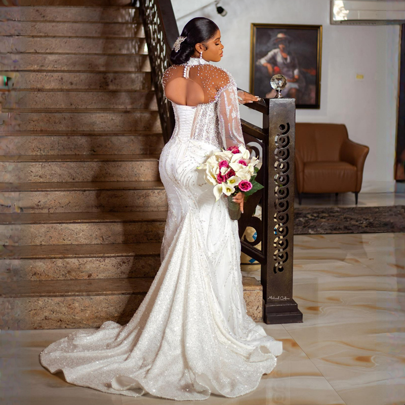 Luxurious Plus Size Aso Ebi Wedding Dresses Mermaid High Neck Long Sleeves Elegant Bridal Gowns for African Black Women Lace Dress for Brides Illusion