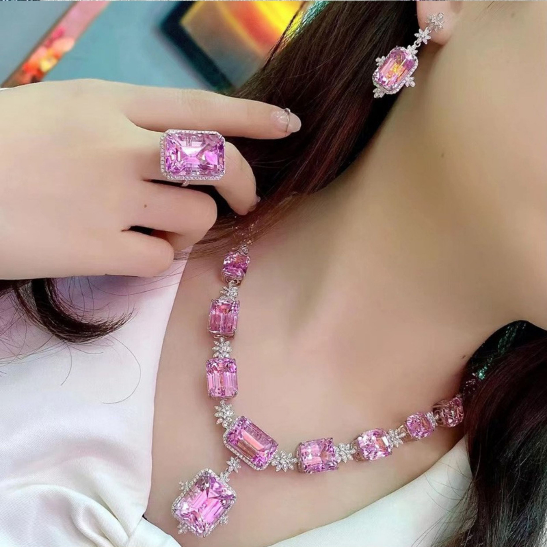 Necklace Party Open Ring Drop Earring Gift Choucong Brand Handmade Wedding Sets Jewelry Sterling Sier Princess Cut Pink Topaz Dia