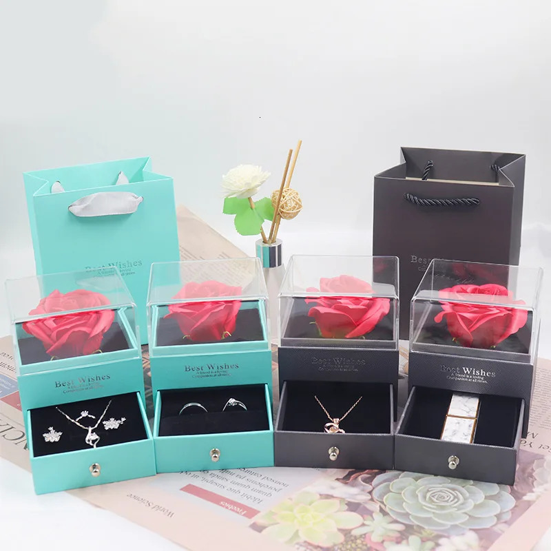 Jewelry Boxes Eternal Rose Flower Jewelry Gift Box Ring Earrings Necklace Storage Boxes Wedding Christmas Valentines Artificial Jewellery Case 231219