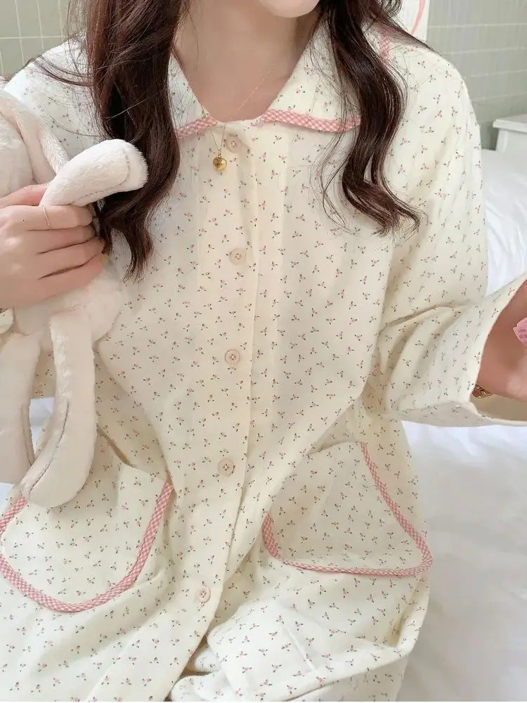 Women's Sleepwear 2024 Japanese Style Sweet Floral Pajama Set Women's Spring Ins Style Premium Casual Loungewear Two-Piece Set 231219