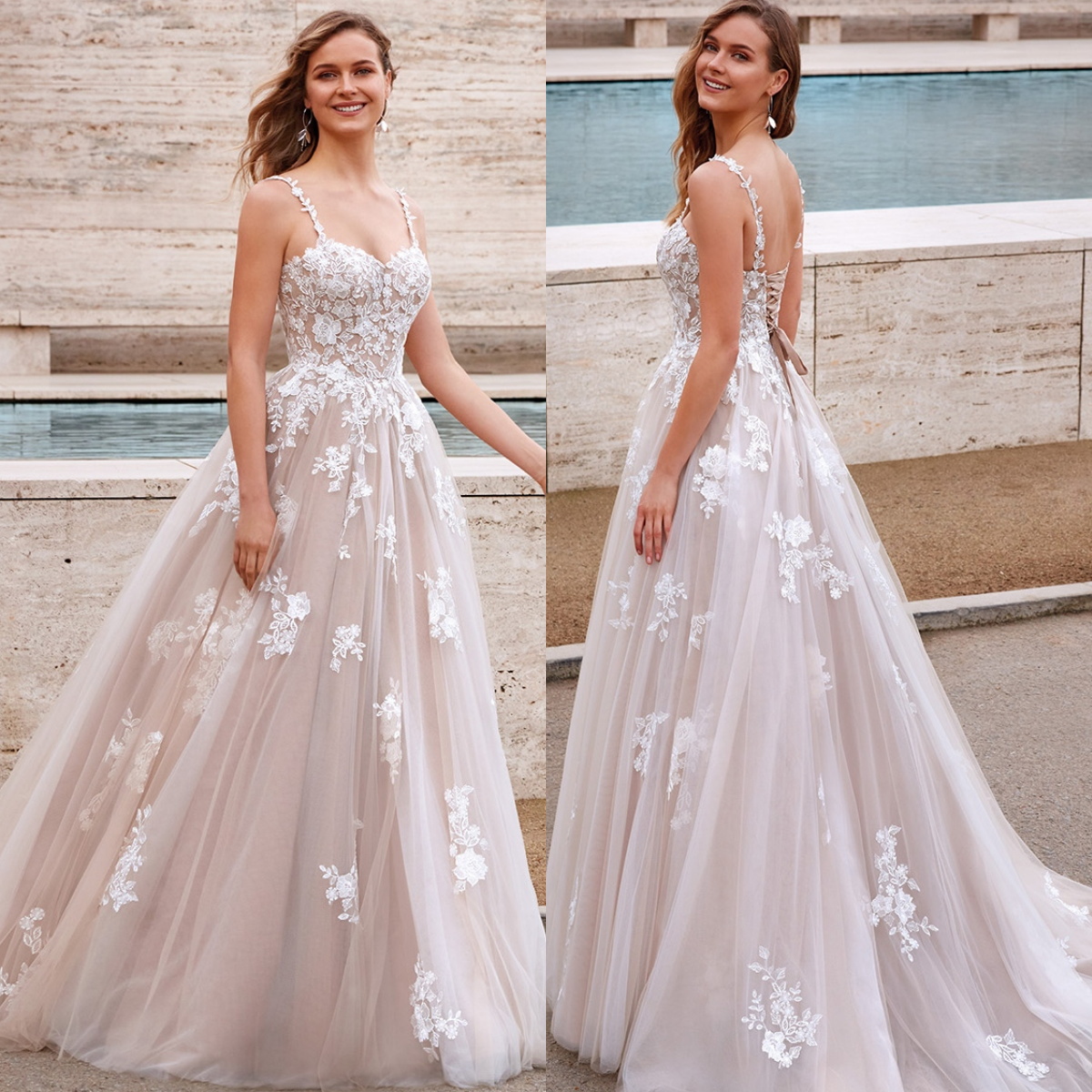 Simple Boho 2024 Wedding Dresses for Bride Lace Appliqued Spaghetti Neck Wed Dress Tulle Sweep Train Bridal Gowns