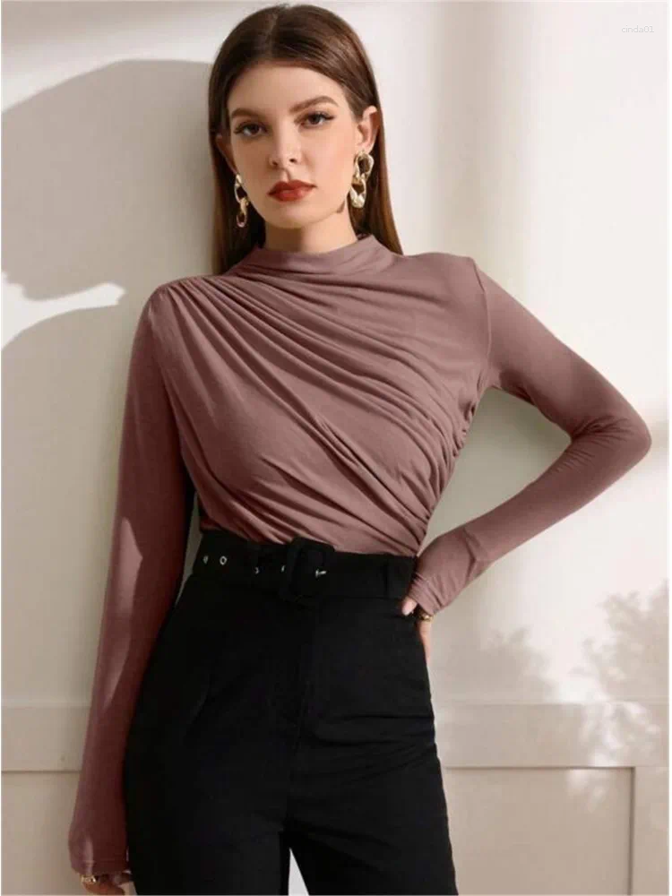 Womens T Shirts Fall Solid Long Sleeve Women T-shirt Casual Fashion Slim Folds Sheath Top Shirt Ladies Tees Elegant AAA Discount for in-store purchase