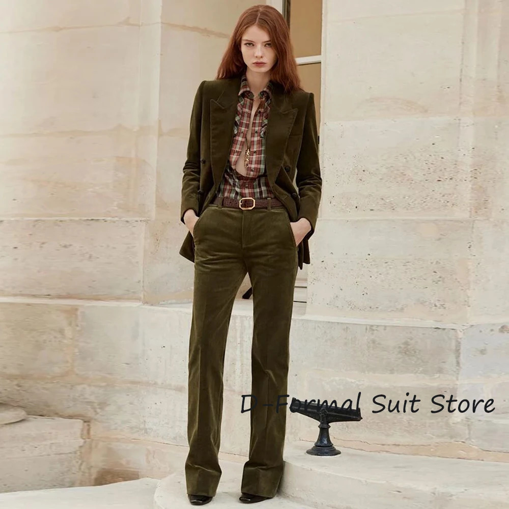 Women's 2 Piece Suit Female Double Breasted Corduroy Pant Sets Fashion Slim Fit Blazer Set 240105