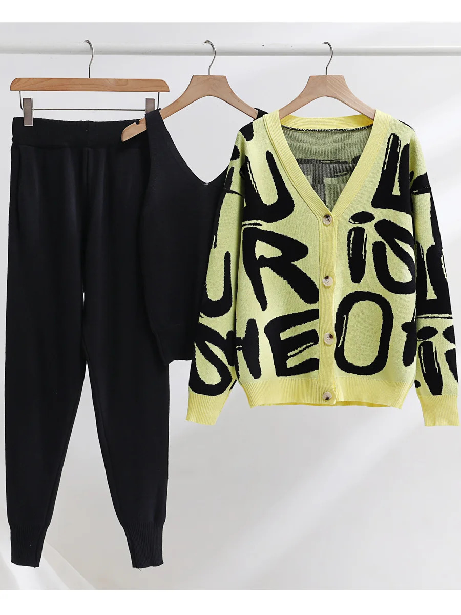 Women's Warm Tracksuit with Print Knitted Trousers Suit Button Up Oversize Cardigan Thick Two Piece Pants Set for Women Jumpsuit 231220
