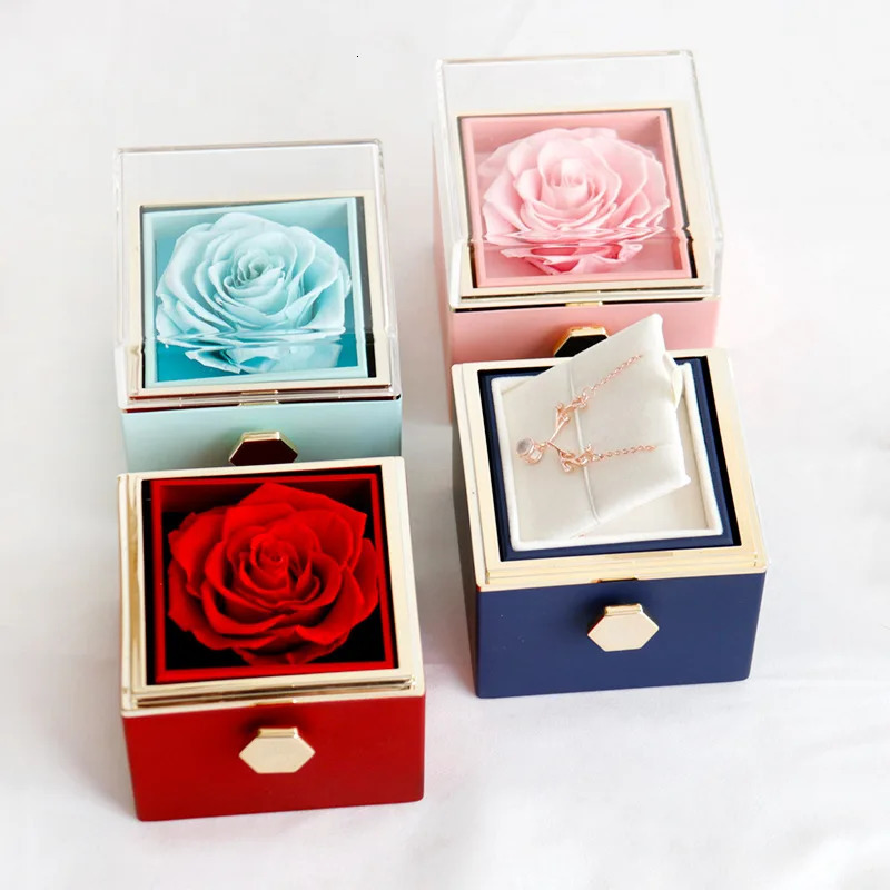 Jewelry Boxes Gifts for Girlfriend Rotating Eternal Rose Gift Box Necklace Set Preserved Flower Jewelry Box For Valentine Christmas Birthday 231219