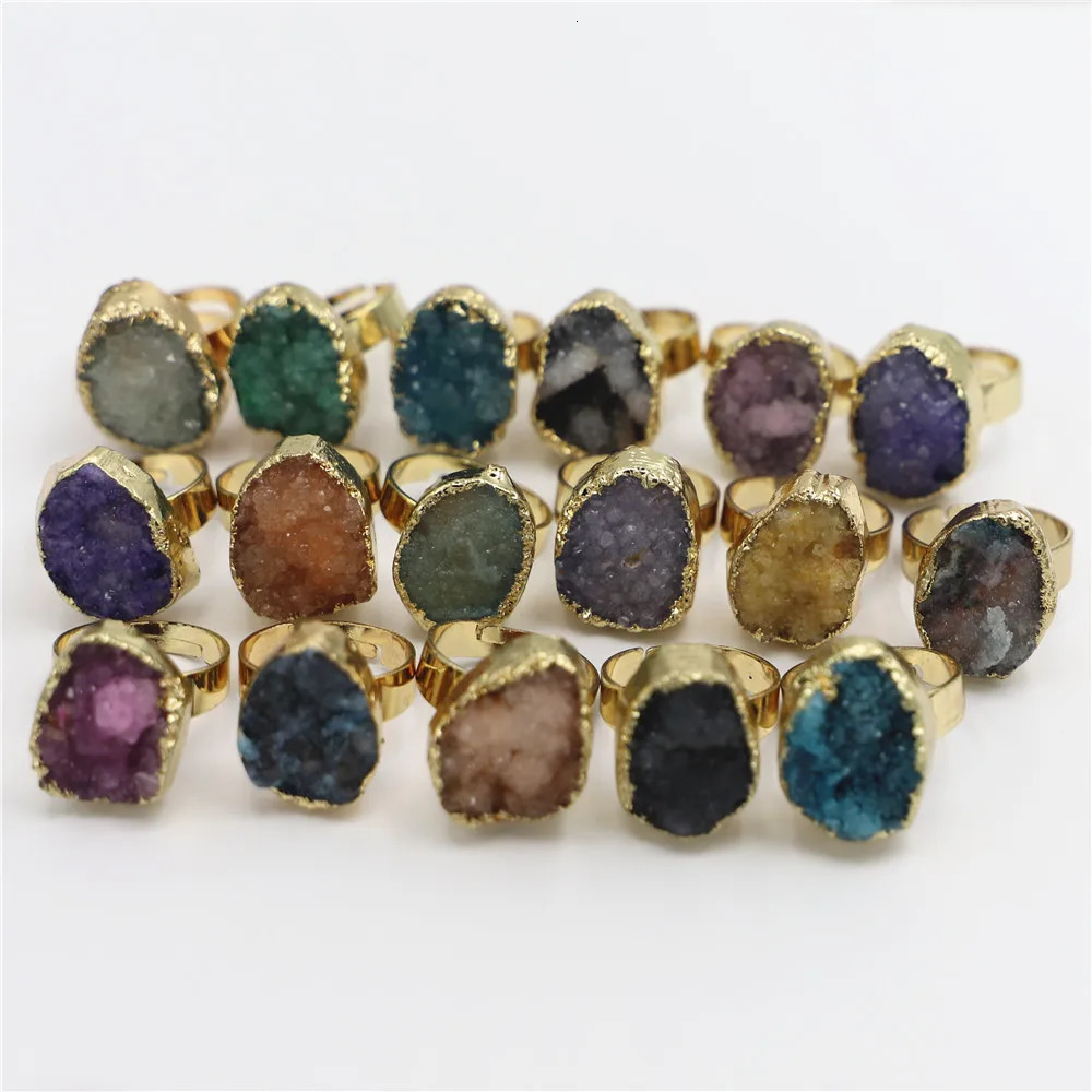 Band Rings Mixed Color Crystal Cluster Natural Stone Gold Face Druzys Men Rings Secret for Women Girls Wedding Party Fashion Jewelry 10PCS 231219