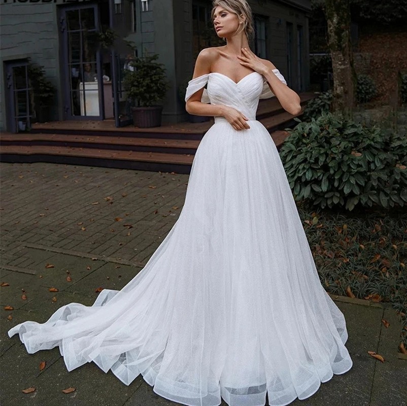 Glitter A-Line Wedding Dress Women 2024 Off Shoulder Pleats Sweep Train Tulle Bridal Bride Gown Vestido De Novia