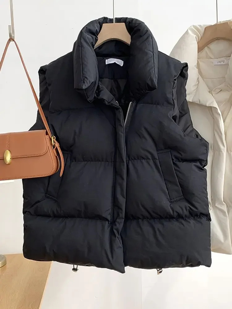 Autumn Winter Women Casual Loose Thicken Jacket Coat Mock Neck Zipper Up Solid Warm Vest For Puffer Jackets 2023 231020