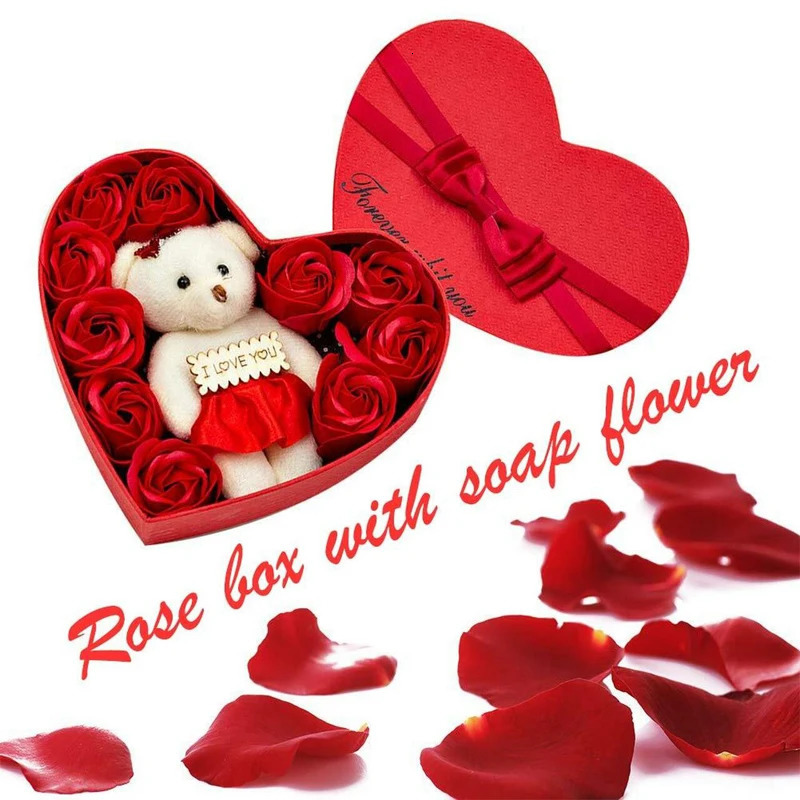 Jewelry Boxes Decoration Soap Artificial Rose Flower San Valentine Gift Teddy Bear Rose Artificielle Flower Valentines Day Box Heart Rose Bear 231219