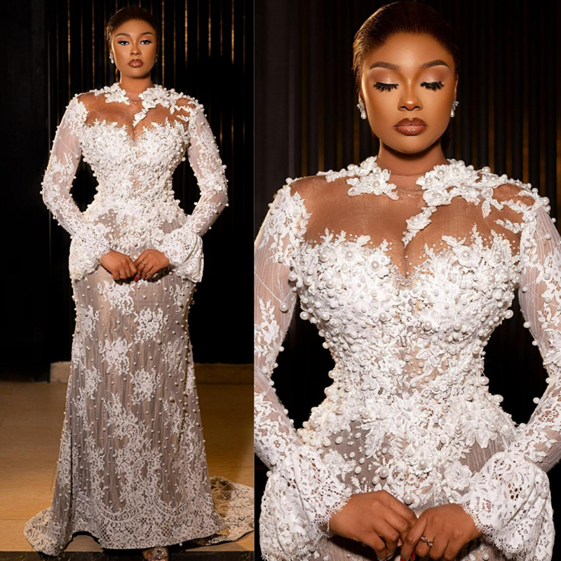Plus Size Aso Ebi Wedding Dresses Mermaid Sheer Neck Long Sleeves Elegant Bridal Gowns African Black Women Lace Pearls Dress for Brides Illusion Gown 