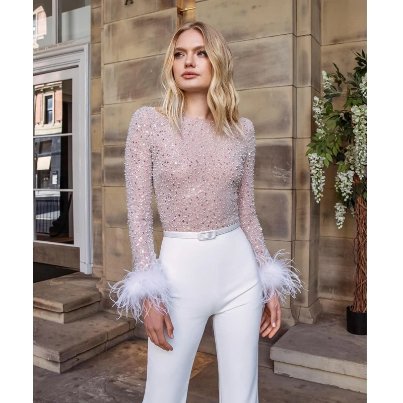 Basic Casual Dresses Elegant White Jumpsuit Women Slim Fit Straight Sequins Feather Stitching Long Sleeves Sexy Bodycon 231219