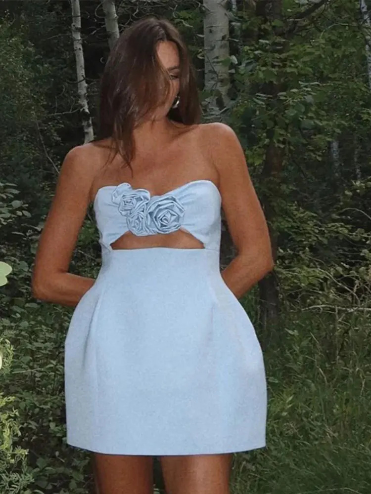 Basic Casual Dresses Female Fashion 3d Flower Cut Out Mini Elegant Off Shoulder Sleeveless Backless Dress 2023 Women Party Club Vestidos 231219