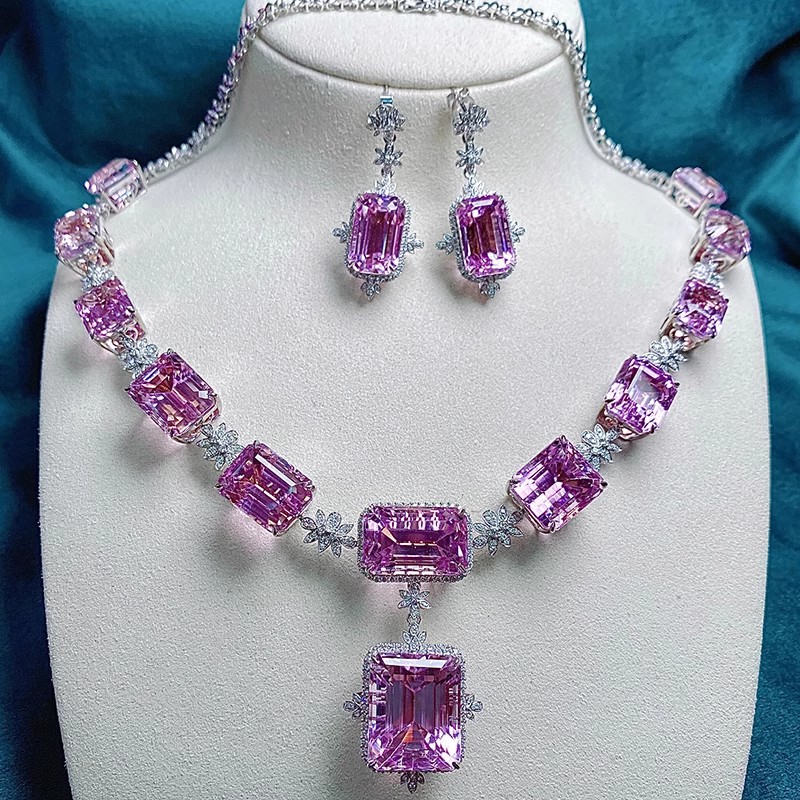 Choucong Brand Handmade Wedding Jewelry Sets Luxury Jewelry 925 Sterling Silver Princess Cut Pink Topaz Diamond Necklace Party Open Ring Drop Earring 