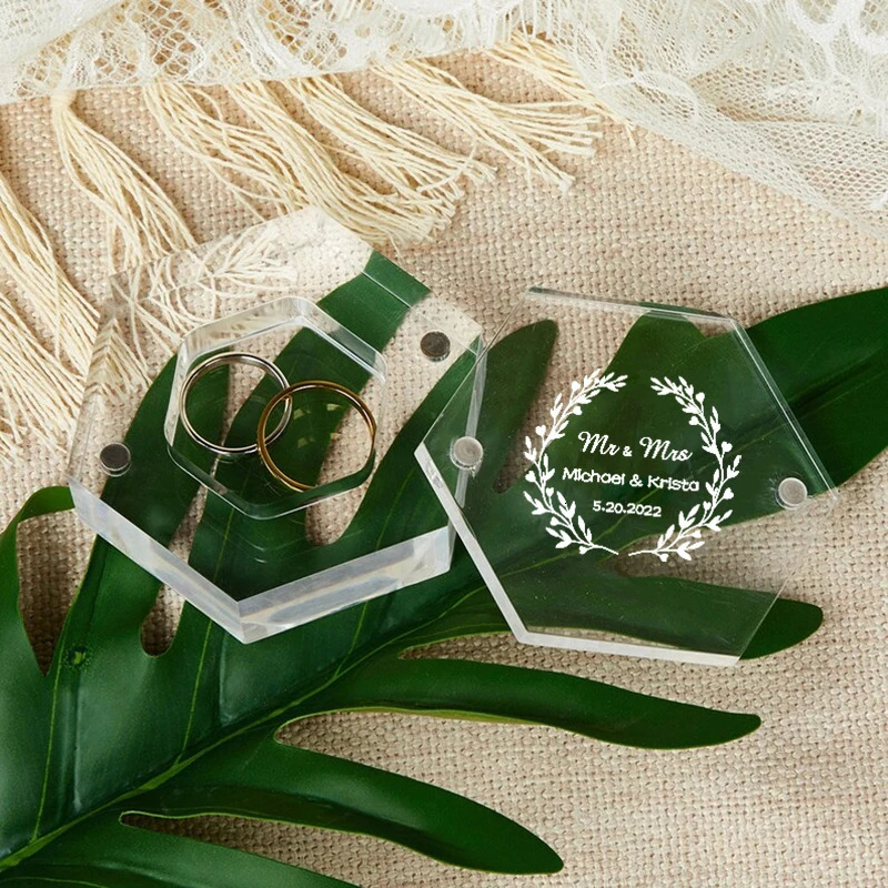 Jewelry Boxes Custom Acrylic Clear Hexagon Ring Box Personalized Engagement Wedding Ring Box Storage Wedding Decoration Bridal Gift 231219