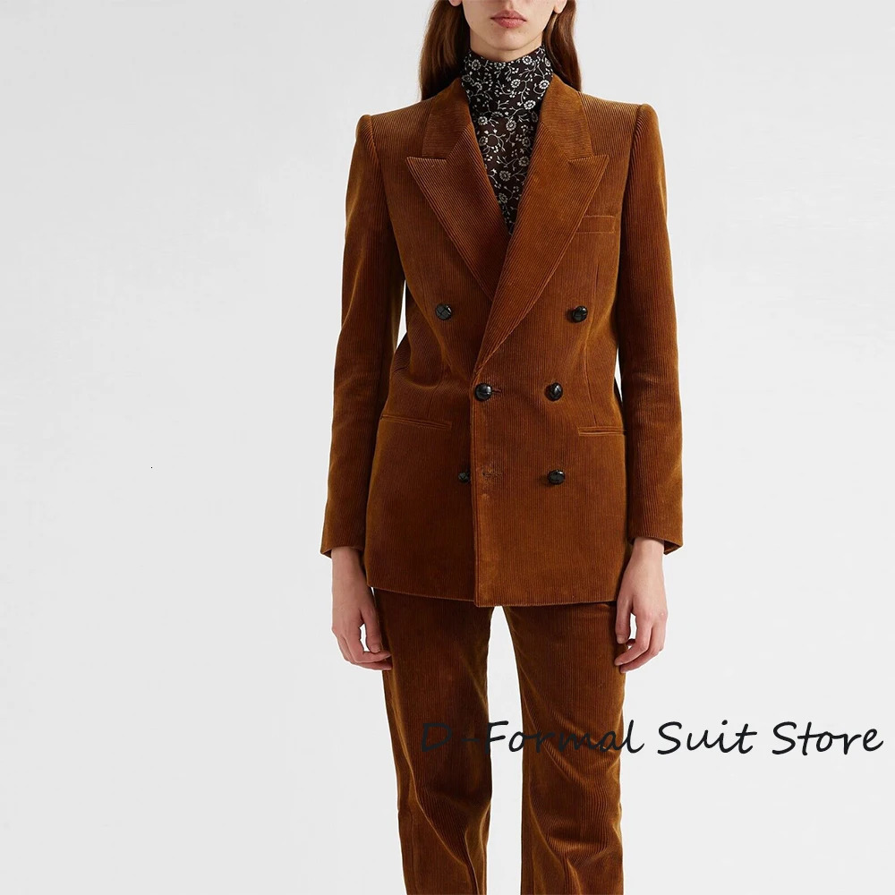 Women's 2 Piece Suit Female Double Breasted Corduroy Pant Sets Fashion Slim Fit Blazer Set 240105
