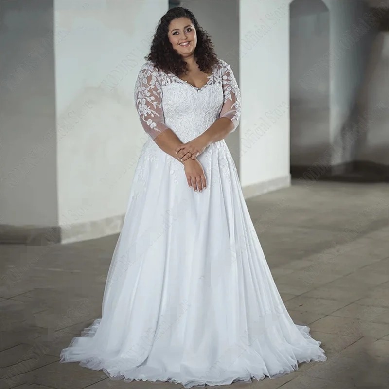 Plus Size A-Line Wedding Dress Women 2024 V-Neck 3/4 Sleeves Lace Appliques Tulle Bridal Bride Gown Boho Vestido De Novia