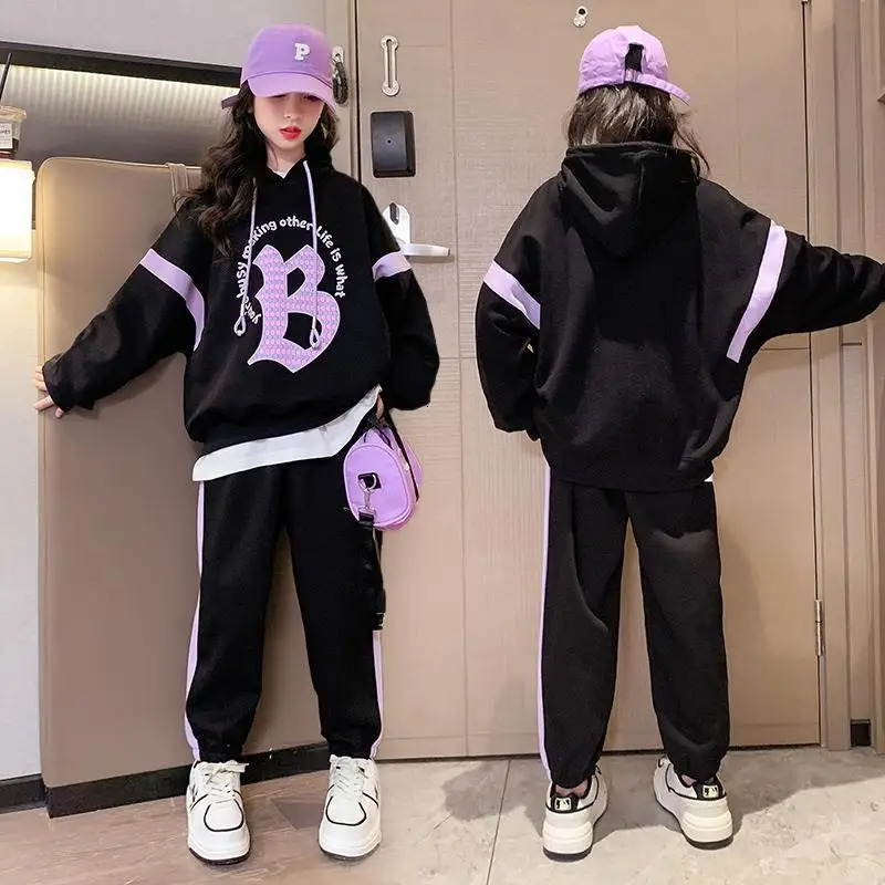 Clothing Sets Autumn Teenage Girl Clothes Set Children's Girls Hoodies Pullover Top and Side Stripe Pant 2 Pieces Suit Kid Letter Tracksuit 23121
