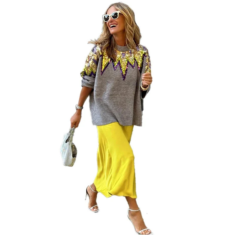 Colorful Sequins Long Sleeve Knitted Sweater Women O neck Loose Casual Pullover Jumper Fashion Female Street Club Party Knitwear 231220