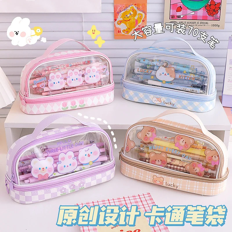 Portable Doublelayer Transparent Pencil Cases Pouch School Holsters Stationery Supplies Pretty Cute Korean Pencilcase Box Bag 231220