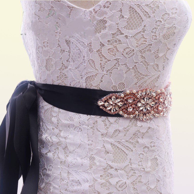 MissRDress Feminine Rose Gold Wedding Dress Belt Crystal Jeweled Ribbon Rhinestones Wedding Belt For Wedding Dresses YS832