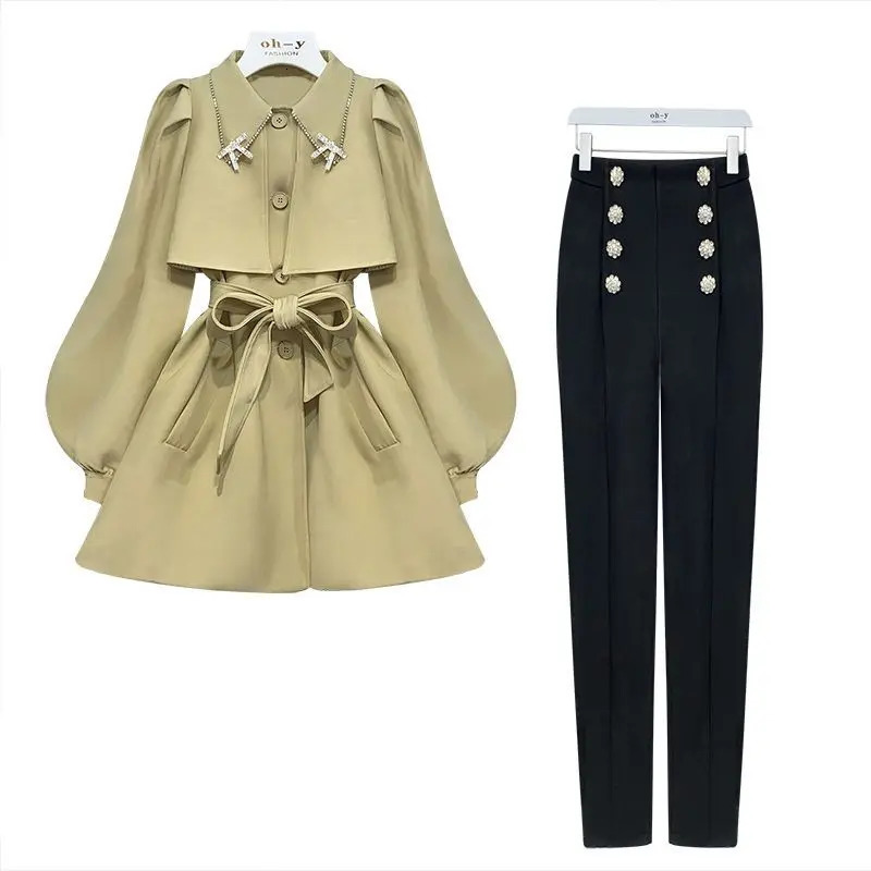 2023 Spring Belt Decoration Slim Fit Jacket Blazer Button Pencil Pants Two Piece Elegant Women's Set Office Outfits 231220