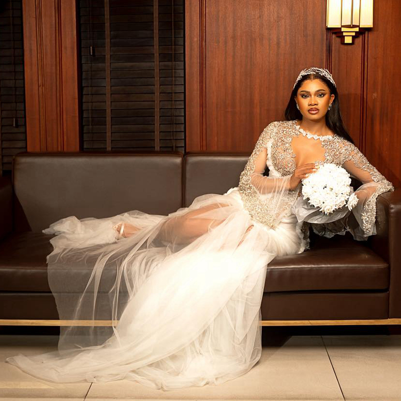 urious Plus Size Aso Ebi Wedding Dresses Mermaid Illusion Sexy Tulle Long Sleeves Elegant Bridal Gowns African Black WomenDress for Brides Arabic Shin