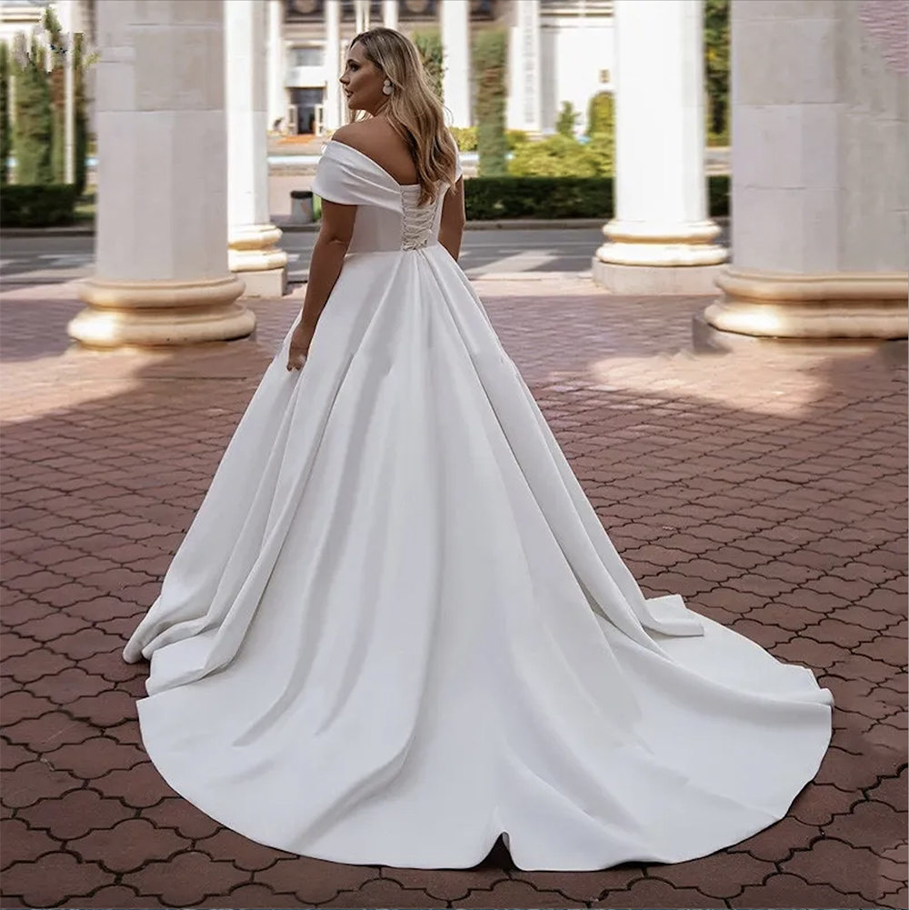 V Neck Off Shoulder A Line Wedding Dresses Simple White Satin Elegant Bridal Gowns Boho Garden Plus Size Vestidos De Novia Sweep Train Lace-up Back Br