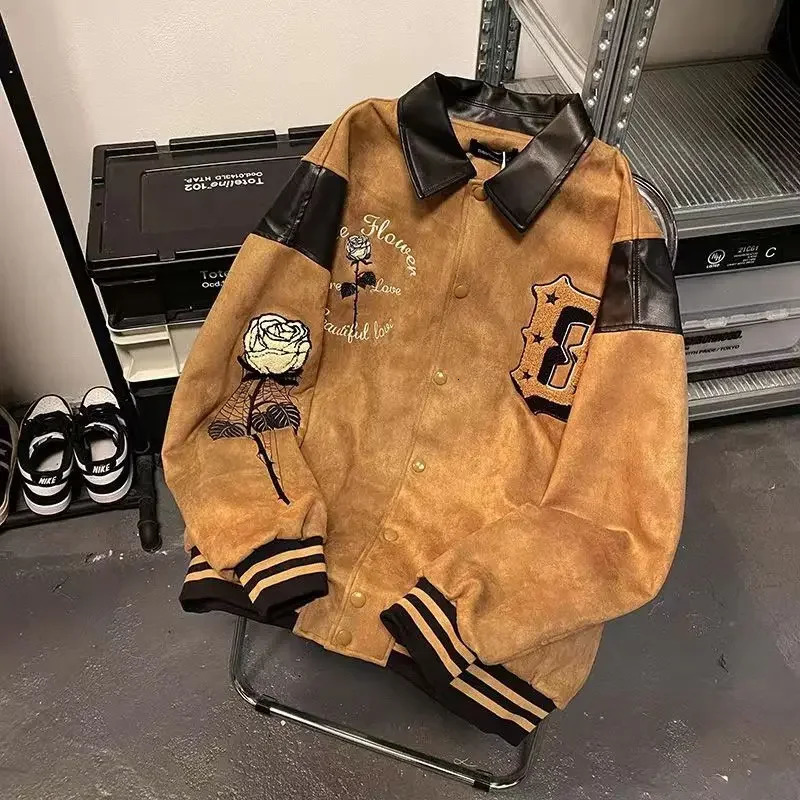 PU leather jackets suede padded vintage baseball for women winter fashion trend high level couple 231020